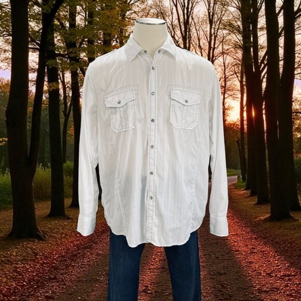 Mens XXL White Western Pearl Snap Shirt Y2K‎ Casual Cowboy Streetwear